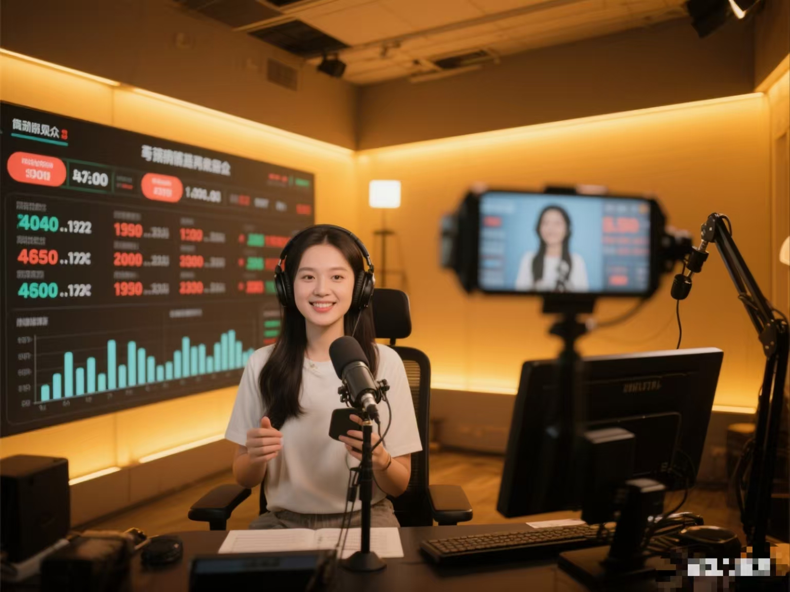 一女开心的在荧屏前